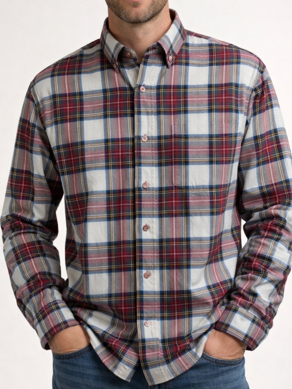 McCulley’s Highlands NC Wool Blend Plaid Cotton Red Button Down Shirt Men’s L